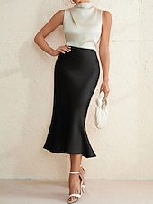 cheap Formal Skirts-Women's Satin Skirts Elegant Vintage Fashion Casual Midi High Waist Skirts Plain Ruched Patchwork Inelastic Daily Party Navy Black Pink Red Summer
