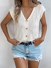 baratos Blusas Simples-Mulheres Tops de verão Blusa Patchwork Botões Tecido à moda Clássico Moderno Manga Curta Decote V Tops regulares Diário Feriado Para Noite Preto Branco Marron Cáqui Verão Primavera