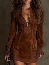 abordables Vestido Boho Occidental-Mujer Mini vestido Vestido informal Vestido Cóctel Vestido ajustado Vestido de gamuza sintética Elegante Moda Moderno Exterior Vacaciones Noche Ajuste regular Plano Manga Larga Cuello Alto Marrón