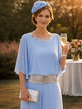 billiga Mammas byxdräkter-Tvådelad Byxor Golvlång Klänning till brudens mor Halvlång ärm Båthals Elegant Vintage Enkel Bröllopsgäst Helgdag Formell kväll Chiffong med Paljett