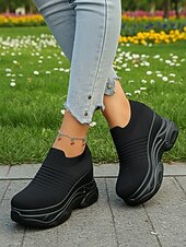 billiga Damsneakers-vita stickade slip-on-platåskor med kilklack för kvinnor – bekväma, grova athleisure-skor för dagliga promenader, ärenden och resor