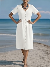 tanie Podstawowe sztuczne sukienki-Damskie Sukienka midi Sztuczna bawełna len Sukienka A line Codzienny Codzienny Regularny Równina Krótki rękaw W serek Niebieski Czarny Biały Wino Lato Wiosna