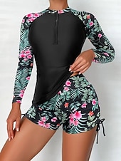 Недорогие Танкини-Жен. Купальники Танкини 2 шт. Шорты купальник Утягивание живота Завышенная Тонкие Открытая спина Отпуск Одежда для пляжа Цветочный принт Вырез под горло Длинный рукав Купальники