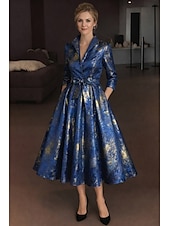 billige Ankellengde-A-linje Te-lengde Skjortekjole Formell kjole Aftenkjole Kjole til brudens mor 3/4 ermer Skjortekrage Elegant Årgang Formell Jacquard med Belte / bånd Sløyfe(r) Blomst