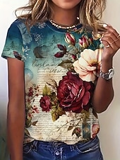 economico T-shirt floreale-Per donna Maglietta Stampato Floreale Grafico Piante Vintage Elegante Classico Manica Corta Girocollo Top Regolari Quotidiano Weekend Blu Rosa Rosso Beige Estate Primavera Autunno Inverno