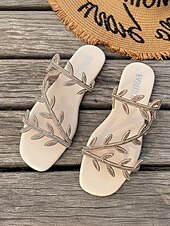 cheap Slide Sandals-Women's Glod Flat Sandals with Rhinestone Leaf Straps – Elegant Bohemian Style, Comfortable Slip-On Slides for Summer Beach Vacations and Tropical Resorts