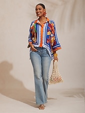 economico Bluse e camicie-camicia corta in raso con maniche a pipistrello e stampa geometrica a blocchi di colore per le vacanze