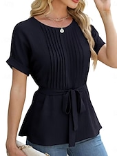 preiswerte Einfache Blusen-Damen Popover-Hemd Sommerhemd Freizeithemd Bluse Gerafft Schnürung Einfach Elegant Stilvoll Basic Kurzarm Rundhalsausschnitt Normale Oberteile Täglich Strand Ferien Blau Schwarz Weiß Grün Sommer
