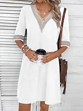 ieftine Rochii Albe Casual-Pentru femei Rochii Lungime Genunchi Rochie albă Modă Modern În aer liber Vacanță Ieșire Potrivire Largă Simplu Manșon Jumate În V Albastru piscină Negru Alb Portocaliu Vară Primăvară