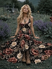 baratos Vestidos Boho-Mulheres Vestido midi Vestido Boho Vestido casual Vestido Swing Vestido de verão Vintage Praia Normal Floral Gráfico Sem Manga Gola Redonda Azul Preto Amarelo Rosa Verão Primavera