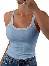 abordables Réservoir Simple-Femmes Débardeur Uni Mode Élégant Classique Sans manches Col en U Hauts Réguliers Quotidien Week-end Bleu Noir Blanche Rose Claire Beige Été Printemps
