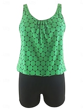 baratos Tankinis-Mulheres Roupa de Banho Tankini 2 partes Cintura Alta roupa de banho Compressão abdominal Cintura Alta Delgado Frente Única Férias Roupa de Praia Geométrico Decote V Sem Manga Fatos de banho