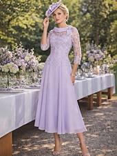 voordelige Enkel Lengte-Strak kolom Over de knie Feestjurk Cocktail jurk Bruiloft gast jurk Moeder van de bruid jurk 3/4 mouw Ronde hals Feest Zoet Bruiloft gast Semi formeel Chiffon Kant met Plooien Kralen