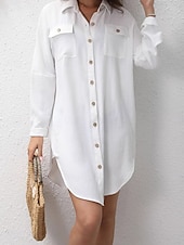 economico Abiti da spiaggia-Per donna Mini Abito Abito Bianco Abito da Spiaggia Abito Camicia Copricostume Elegante Moda Classico Quotidiano All'aperto Spiaggia Vestibilità comoda Semplice Manica Lunga Colletto a Camicia Bianco