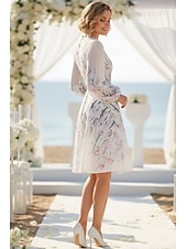  A-Line Knee Length Wedding Guest Dress Wedding Guest Dresses Elegant Daily Long Sleeve V Neck Garden Party Wedding with Floral Print Print Strappy