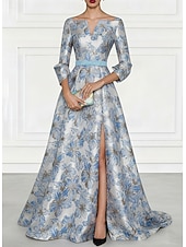  A-linje Gulvlengde Kveldskjoler Elegant Blomster Pastell 3/4 ermer Firkantet hals Bryllup Formell Jacquard med Sløyfe(r) Spalte