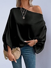 voordelige Chique Blouses-Dames Overhemd Satijnen overhemd Blouse Tops met blote schouders Effen Stijlvol Klassiek Modern Lange mouw Schouderafhangend Normale tops Dagelijks Feestdagen Uitgaan blauw Zwart Blozend Roze Rood