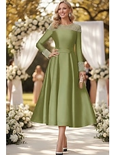 economico Lunghezza alla caviglia-Linea ad A Lunghezza alla caviglia Vestito da Festa Abito da Cocktail Abito da invitata a nozze Abito da cerimonia per signora Manica Lunga Senza Spalle Elegante Formale Raso con Perle