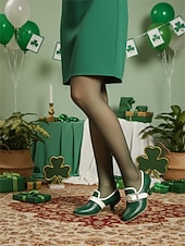  Women's Forest Green Leather Pumps with Rhinestone Square Buckle – Festive Leprechaun Style Low Heels for St. Patrick's Day Parties, Holiday Parades & Vintage Enthusiasts