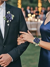 cheap Wedding Accessories-Women's Bridesmaid and Groomsman Corsage and Boutonniere Set, Available in Multiple Colors, Polyester Material, Perfect for Weddings and Parties