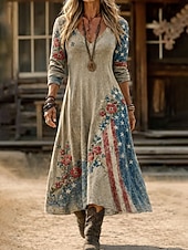  Rochie midi pentru femei patriote de Ziua Independenței rochie vintage casual formă regulată floral grafic steag cu mânecă lungă de tip V neck khaki vară primăvară