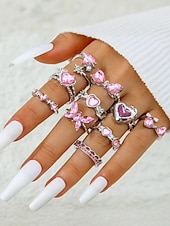 voordelige Dames ringen-Set van meerdere ringen voor dames, gemaakt van een legering met hartjes en vlinders, in goud en zilver. Perfect als Valentijnsdagcadeau of voor dagelijks gebruik.