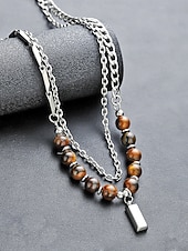 Недорогие Мужские украшения-Мужское ожерелье из сплава и бусин тигрового глаза, двухслойная цепочка с подвеской, повседневный стиль бохо, прочное и стильное, идеально подходит для отдыха, курортной одежды и повседневной носки.