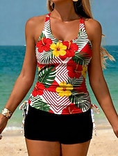 baratos Tankinis-Mulheres Roupa de Banho Tankini 2 partes Cintura Alta roupa de banho Compressão abdominal Cintura Alta Delgado Frente Única Férias Roupa de Praia Floral Decote U Sem Manga Fatos de banho