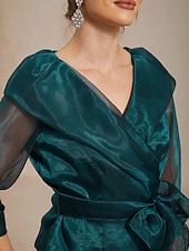 billige Kjolebluser-Dame Dressy topper knyte foran Illusjon Elegant 3/4 ermer V-hals Skjortekrage Vanlige topper Bryllupsgjest Cocktail antrekk Smaragd Grønn Sommer Vår Høst