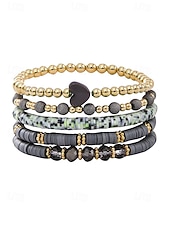 お買い得  レディースブレスレット-女性用ボヘミアンアクリルビーズブレスレットセット、ハートチャーム付きマルチカラーストレッチバングル、バレンタインデーのギフトや普段使いに最適な軽量重ね付け可能なブレスレット