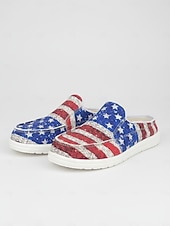 United States 250th Anniversary Women's Red Blue American Flag Print Comfort Mules – Canvas Slip-On Shoes USA Fourth of July Outdoor Events Travel  Daily Wear