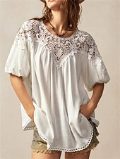 abordables Tops de Encaje-Mujer Tops de verano Blusa Tops de encaje Frunce Encaje Retazos Plano Elegante Tropical damas Manga Corta Manga de la linterna Cuello Barco Tops regulares Diario Trabajo Festivos Blanco Amarillo Rojo