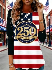  Amerykański Dzień Niepodległości Damskie Podkoszulek Koszulka Nadruk Graficzny Flaga Ameryki Moda Elegancki Klasyczny Długi rękaw Półgolf Zwykłe topy Codzienny Weekend Ubrania wakacyjne biało