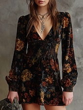 abordables Vestido Boho Occidental-Mujer Mini vestido Vestido informal Vestido de flores Elegante Moda Moderno Exterior Vacaciones Noche Ajuste regular Floral Manga Corta Escote en Pico Negro Primavera Otoño