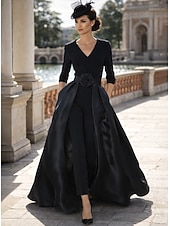voordelige Mama&amp;#39;s jumpsuits-Broek Strijksleep Moeder van de bruid jurk 3/4 mouw V-hals Elegant Eenvoudig Zwart jurkje Bruiloft gast Formele avonden Stretchstof met Effen kleur