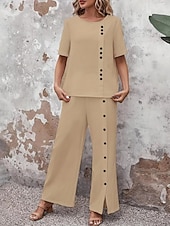 cheap Women's Blouse Suits-Women's Pants Sets Bolero Faux Cotton Linen Short Sleeve Crew Neck Solid Color Fashion Streetwear Casual Daily Outdoor Blue White Khaki Summer Regular Fit