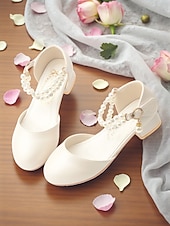 abordables Enfants &amp; Fille de Fleurs-Chaussures de demoiselle d'honneur pour enfant, couleur ivoire, ornées de perles et de strass, avec bride cheville et petit talon rembourré. Élégantes chaussures de princesse, parfaites pour les