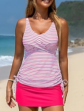 preiswerte Tankinis-Damen Badeanzug Tankini Zweiteilig Rock Bademode Bauchkontrolle Hohe Taille Schlank Rückenfrei Urlaub Strandbekleidung Gestreift V Ausschnitt Ärmellos Badeanzüge