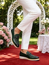 billige Loafers-Grønne herresko i skinn, elegant slip-on-design, komfortabel polstret såle, stilig, avslappet utseende for bryllup, fester og hverdagsbruk