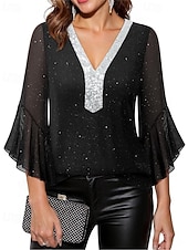 baratos Blusas Elegantes-Mulheres Blusa Tops de lantejoulas Patchwork Bloco de cor à moda Moderno Manga 3/4 Sino Decote V Tops regulares Diário Feriado Para Noite Azul Preto Vermelho Verde Verão Primavera