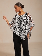 お買い得  レーストップ-女性用 ブラウス レーストップス レース 刺繍 フラワー エレガント ハーフスリーブ バットウィングスリーブ クルーネック 日常 結婚式のゲスト ブラック 夏 春 秋