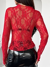 baratos Tops de Renda-Mulheres Top de emenda de renda Blusa Renda Patchwork Geométrica Elegante à moda Moderno Manga Longa Gola Alta Tops regulares Diário Feriado Para Noite Preto Branco Rosa Vermelho Verão Primavera