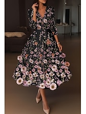  A-linje Ankellengde Cocktailkjoler Elegant Årgang Blomster Halvlange ermer V-hals Bryllup Formell Rosa kjole Sateng Blonder med Broderi Lomme