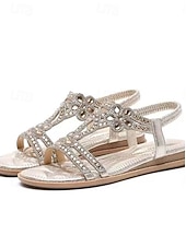 お買い得  花嫁-クリスタルのディテールが施されたシルバーの装飾が施された女性用フラットサンダル。ビーチでの結婚式に最適なエレガントなブライダルシューズ。