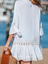 cheap Beach Dresses-Women's Mini Dress White Dress Beach Dress Cover Up Elegant Fashion Classic Flare Cuff Sleeve Daily Outdoor Beach Loose Fit Plain Half Sleeve Crew Neck White Summer Spring