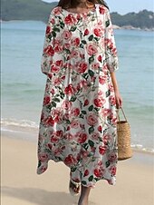 Χαμηλού Κόστους Floral φορέματα-Γυναικείο Μακρύ Φόρεμα Λινάρι Τόσο Αναπνεύσιμη Ελαφριά Σαλοπέτα Άμεσου Στυλ Καλοκαιρινό Φόρεμα Διακοπών Καθημερινό Μποχό Παραλία Διακοπές 3/4 Μανίκι Λαιμός Φαρέτρα