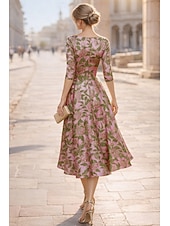  A-linje Te-lengde Cocktailkjoler Elegant Blomster 3/4 ermer V-hals Bryllup Formell Lomme Jacquard med Plissert