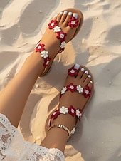billige Kvinner-Dames bohemske blomstersandaler til stranden med bryllup - elegante, flate sandaler med tusenfrydpynt for bryllupsgjester, komfortable sommersko til brudefølget med sand &amp;bryllup på reisemål