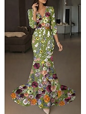  A-linje Gulvlengde Kveldskjoler Formell kjole Elegant Årgang Blomster Halvlange ermer V-hals Bryllup Formell Sateng Blonder med Brodert blomst Broderi Appliqué