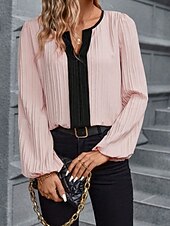 economico Bluse Eleganti-Per donna Camicia Blusa Patchwork Blocco di colori Vintage Elegante Moderno Manica Lunga Scollo a V Top Regolari Quotidiano Ferie Uscire Blu Rosa Arancione Albicocca Primavera Autunno